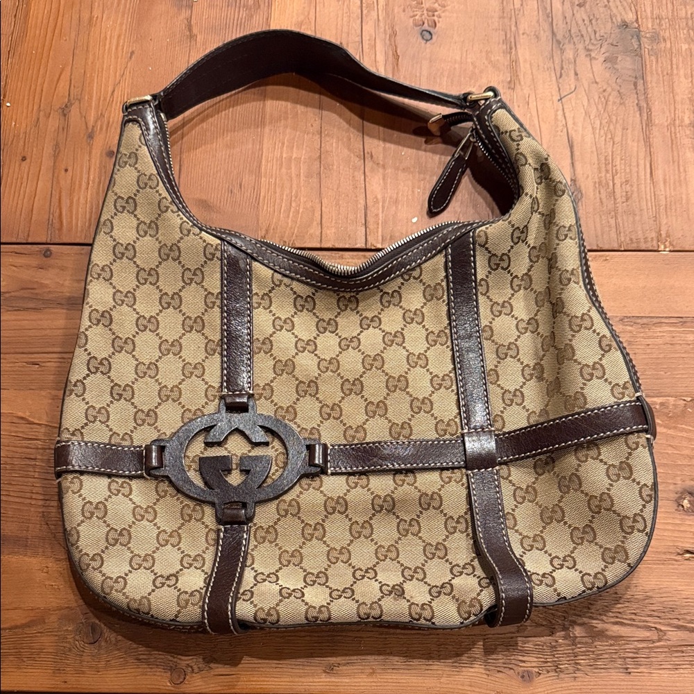 Gucci Tan and Dark Brown Monogram Hobo Bag